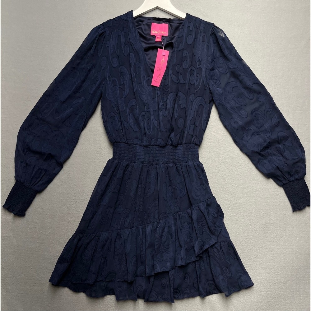 Lilly Pulitzer Cristiana Long‎ Sleeve Dress True Navy Swirl Clip Mini Size 6 NEW